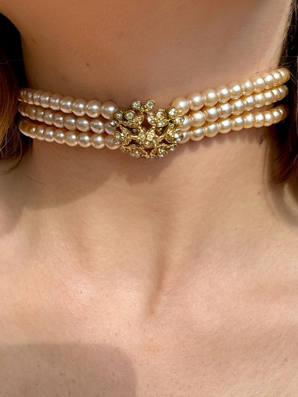 Vtg. Princess Diana Style Faux Pearl Triple-Row Choker with Gold Pendant